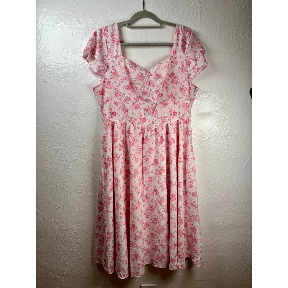 NEW Floral Midi Dress Womens 2XL Pink Smocked Flutter Sleeve Cottagecore Wedding